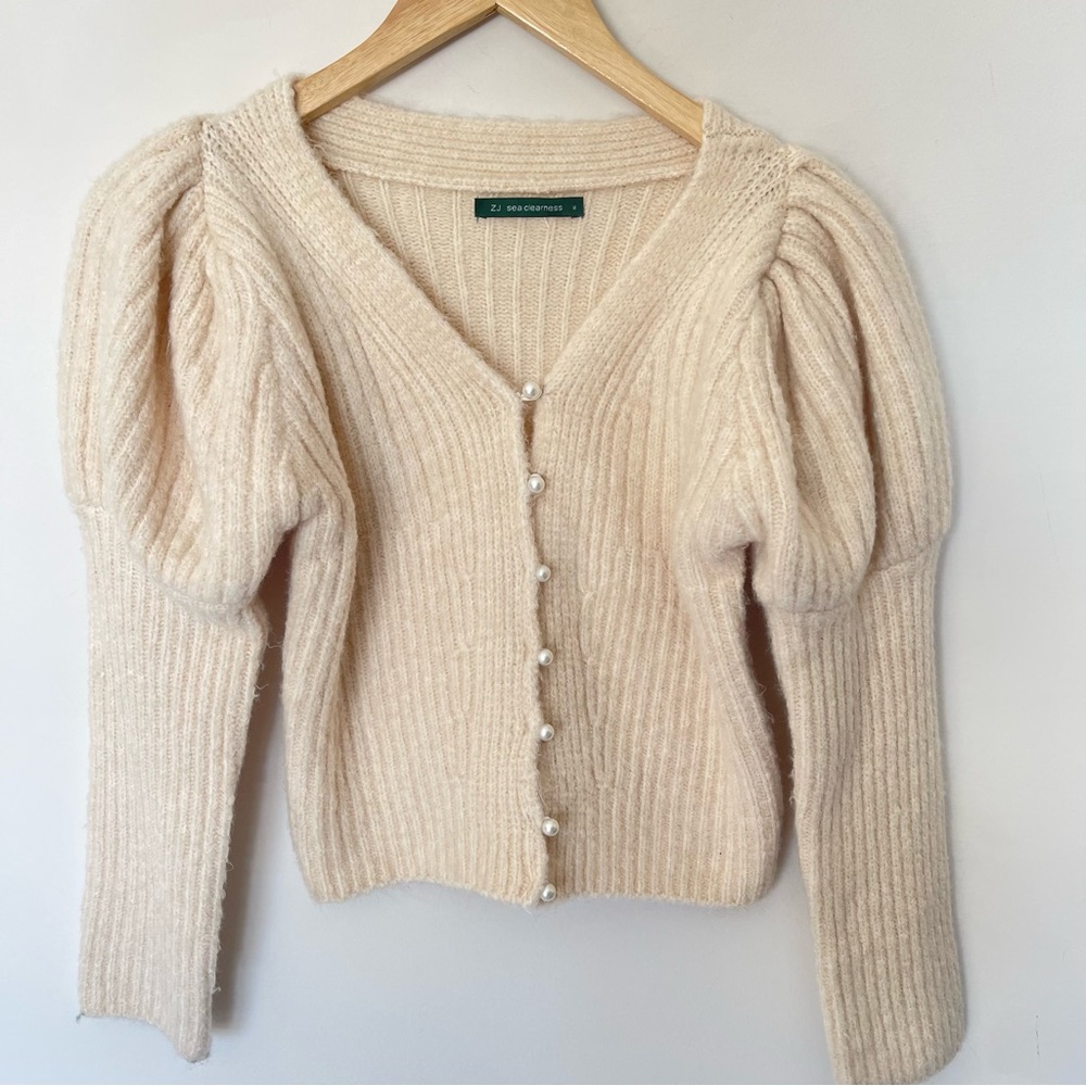 ZJ Sea Clearness Cashmere Puff Sleeve Pearl Button Cardigan Sweater M